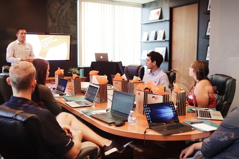 Corporate meeting room with AV equipment and video conferencing setup