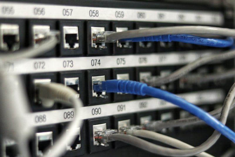 Data centre networking infrastructure with server racks and cabling